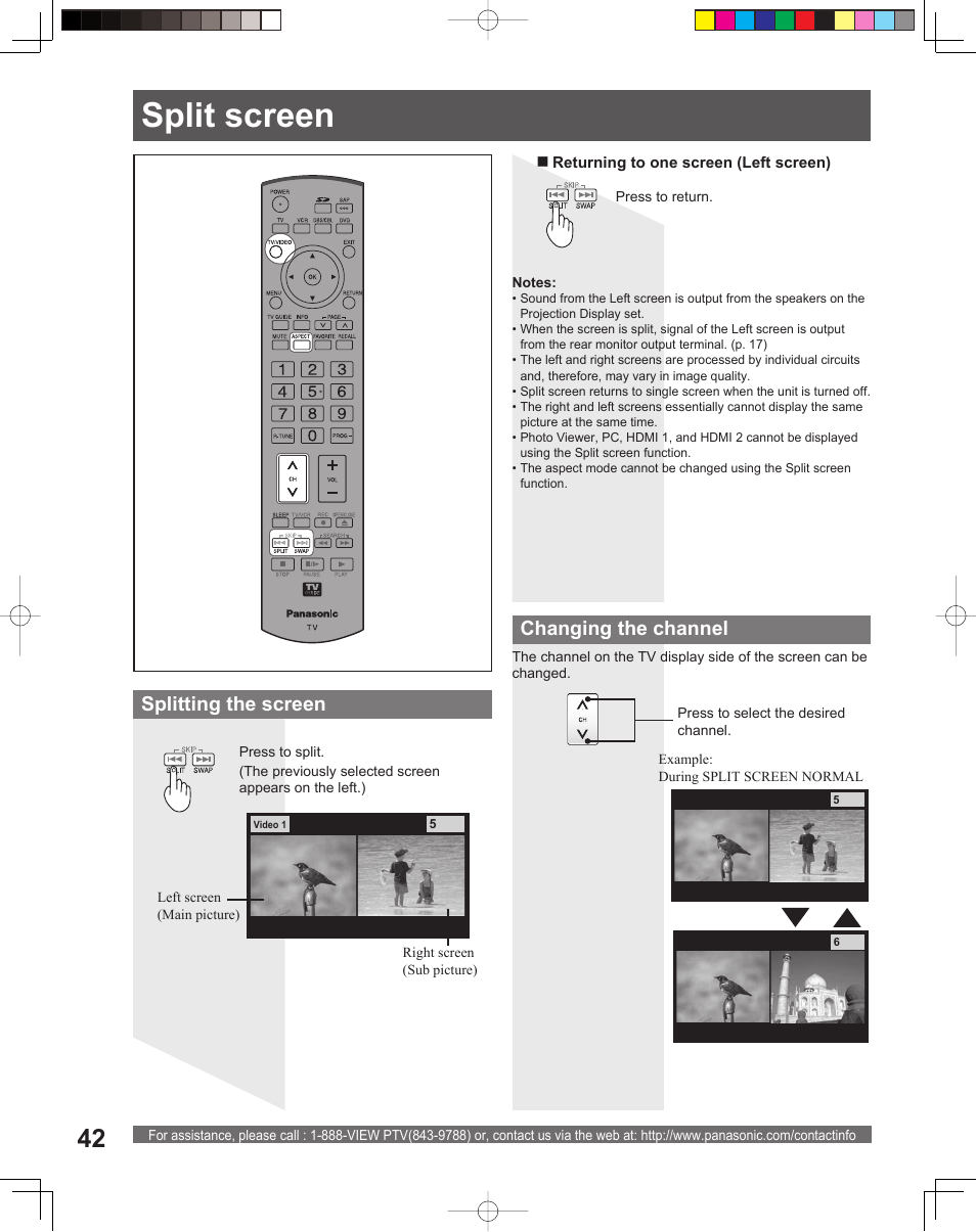 Split screen, Splitting the screen, Changing the channel | Panasonic PT-61DLX26 User Manual | Page 42 / 92