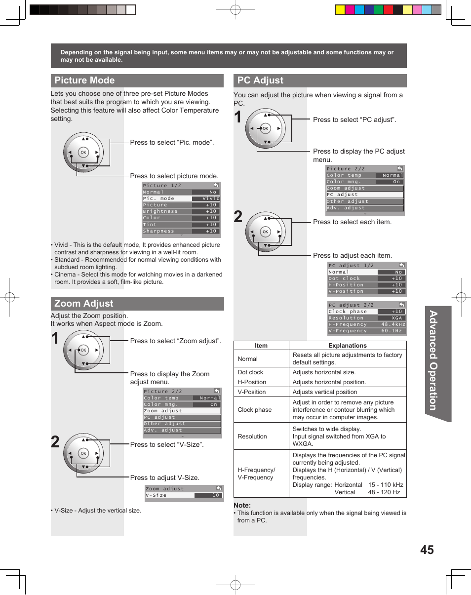 Advanced op er a tion, Pc adjust, Picture mode | Zoom adjust | Panasonic PT-61DLX26 User Manual | Page 45 / 92