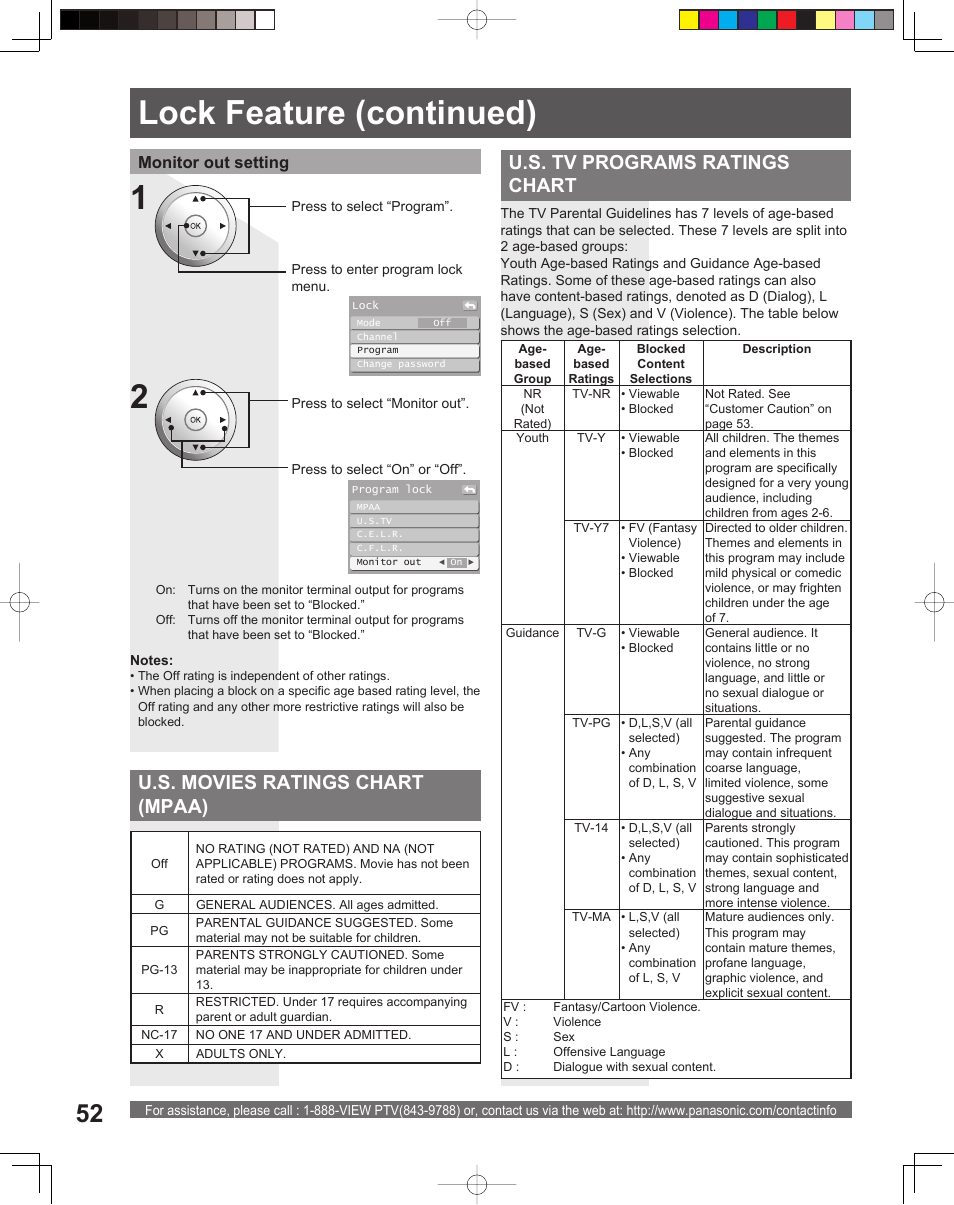 Lock feature (continued), U.s. movies ratings chart (mpaa), U.s. tv programs ratings chart | Monitor out setting | Panasonic PT-61DLX26 User Manual | Page 52 / 92