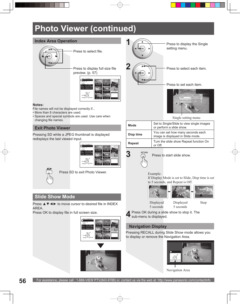 Photo viewer (continued), Slide show mode, Exit photo viewer index area operation | Navigation display, Press to start slide show, Press to display the single setting menu | Panasonic PT-61DLX26 User Manual | Page 56 / 92