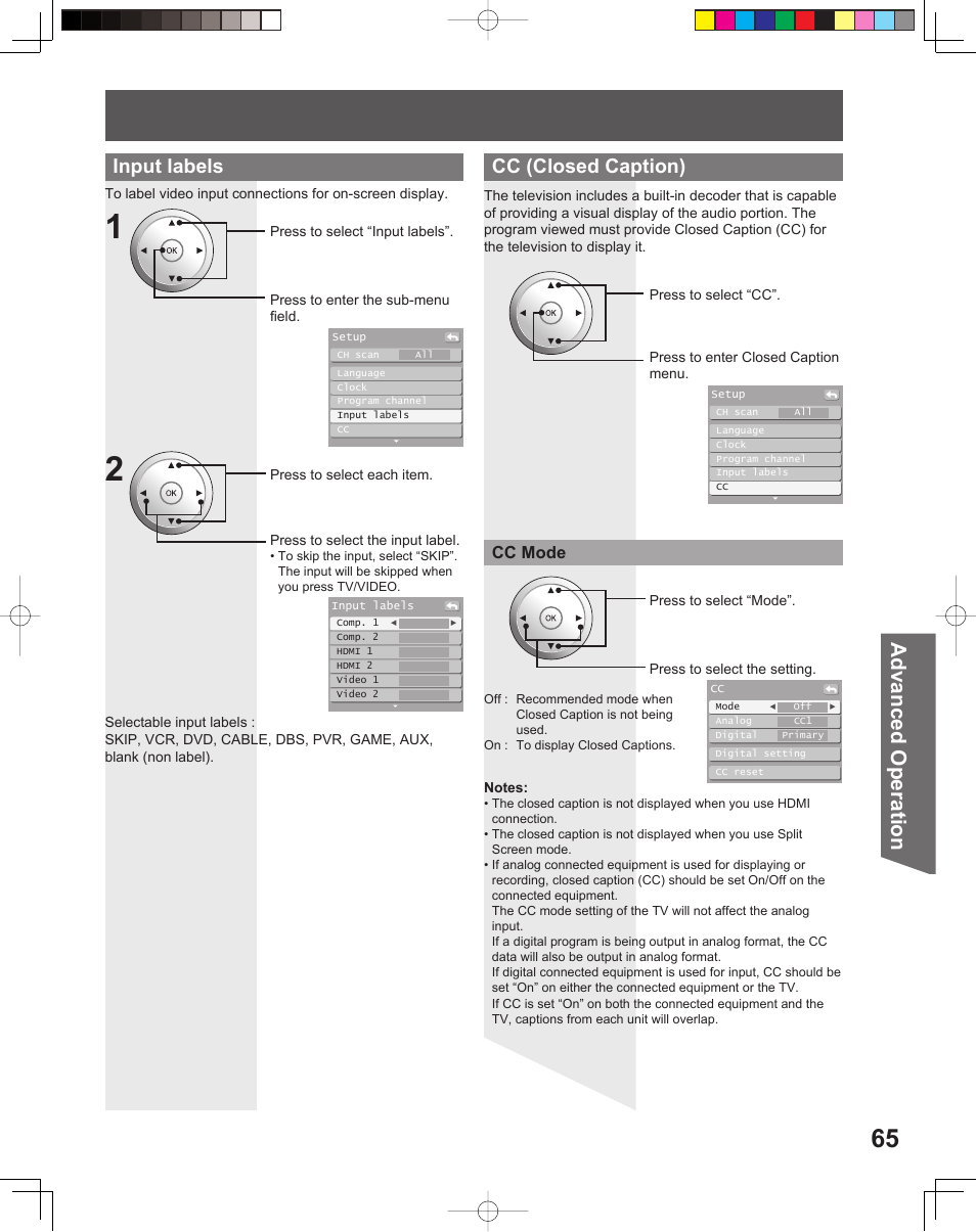 Advanced op er a tion, Input labels, Cc (closed caption) | Cc mode | Panasonic PT-61DLX26 User Manual | Page 65 / 92