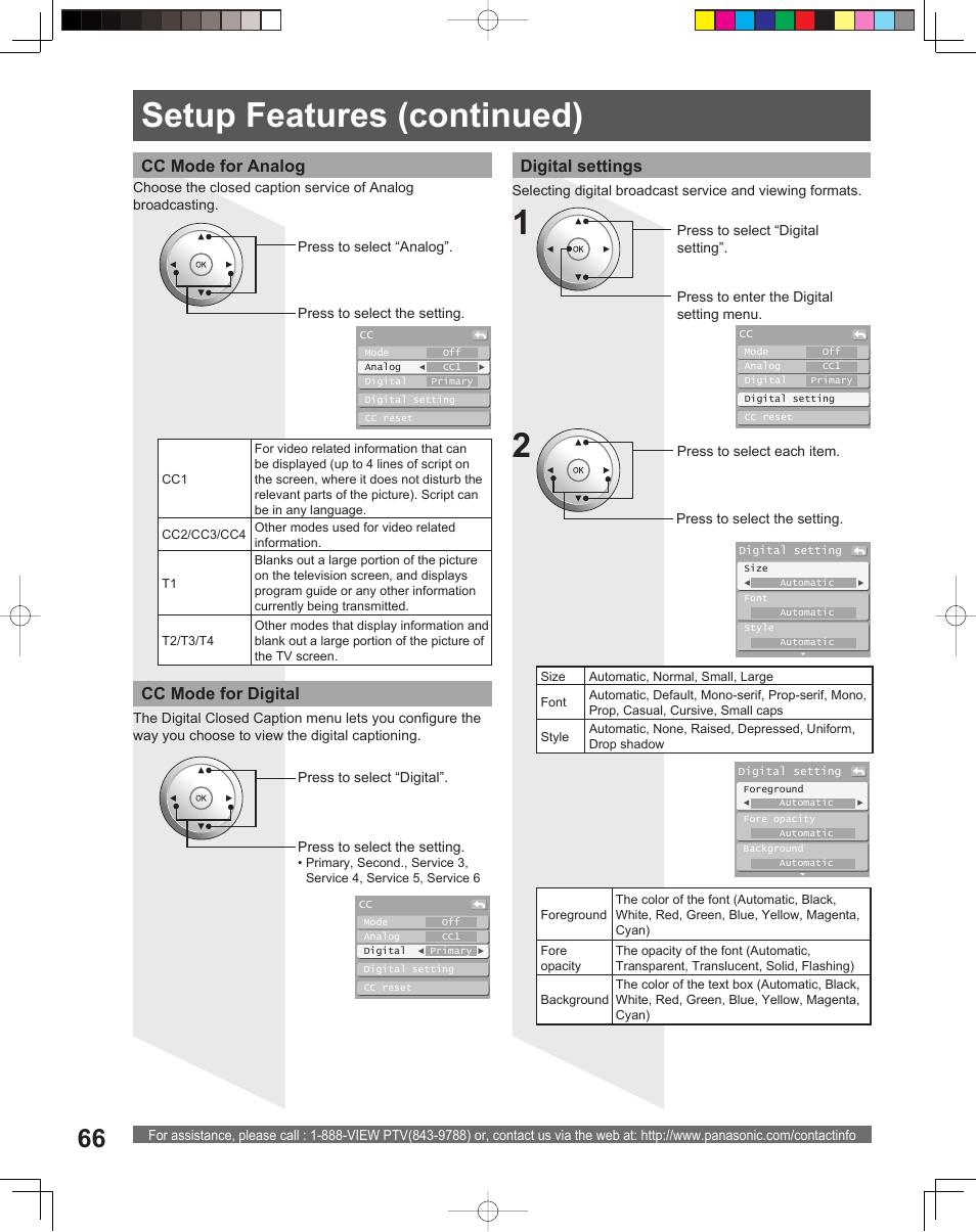 Setup features (continued), Digital settings, Cc mode for analog | Cc mode for digital | Panasonic PT-61DLX26 User Manual | Page 66 / 92