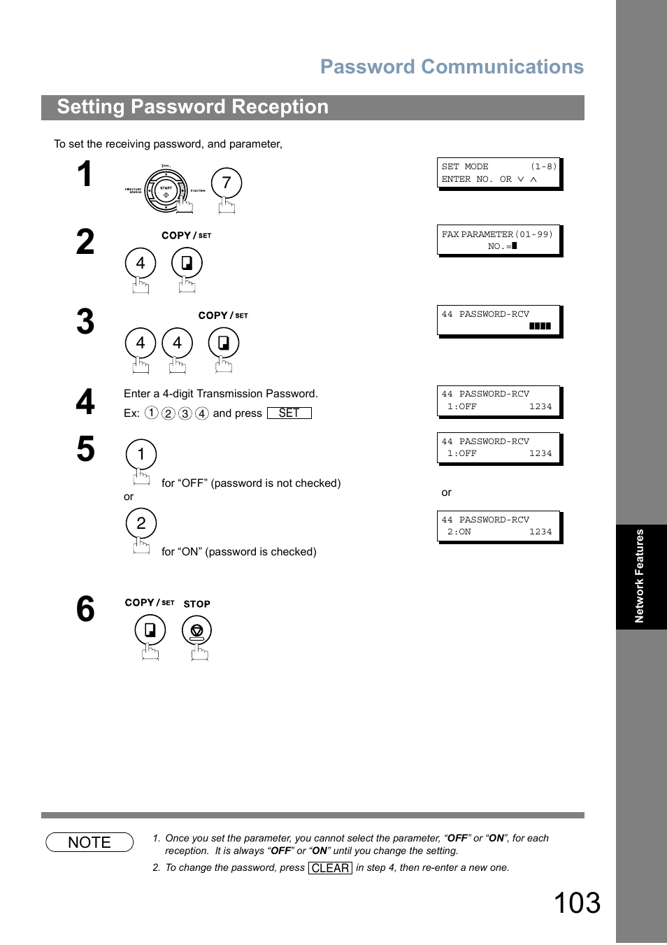 Setting password reception, Password communications | Panasonic Panafax UF-5950 User Manual | Page 103 / 158