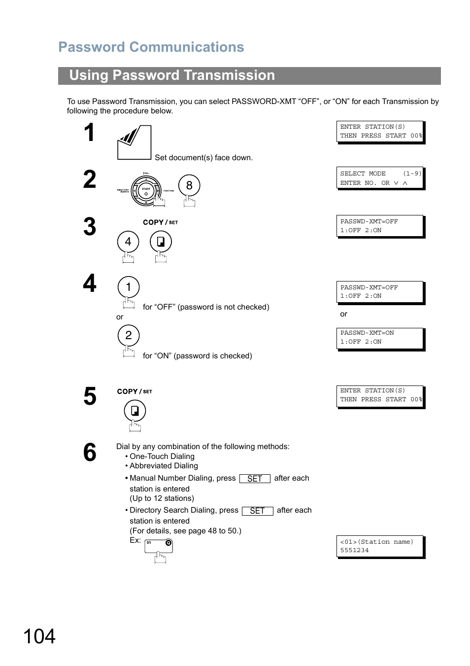 Using password transmission, Password communications | Panasonic Panafax UF-5950 User Manual | Page 104 / 158