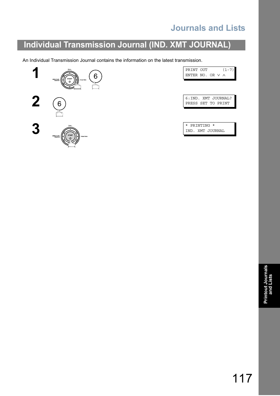 Individual transmission journal (ind. xmt journal), Journals and lists | Panasonic Panafax UF-5950 User Manual | Page 117 / 158