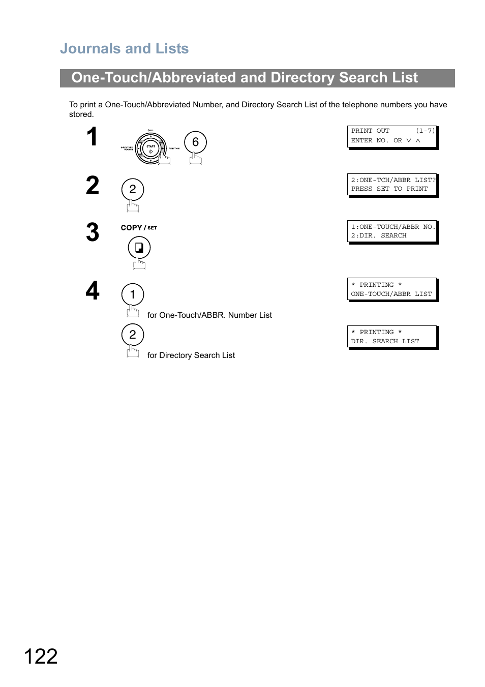 One-touch/abbreviated and directory search list, Journals and lists | Panasonic Panafax UF-5950 User Manual | Page 122 / 158