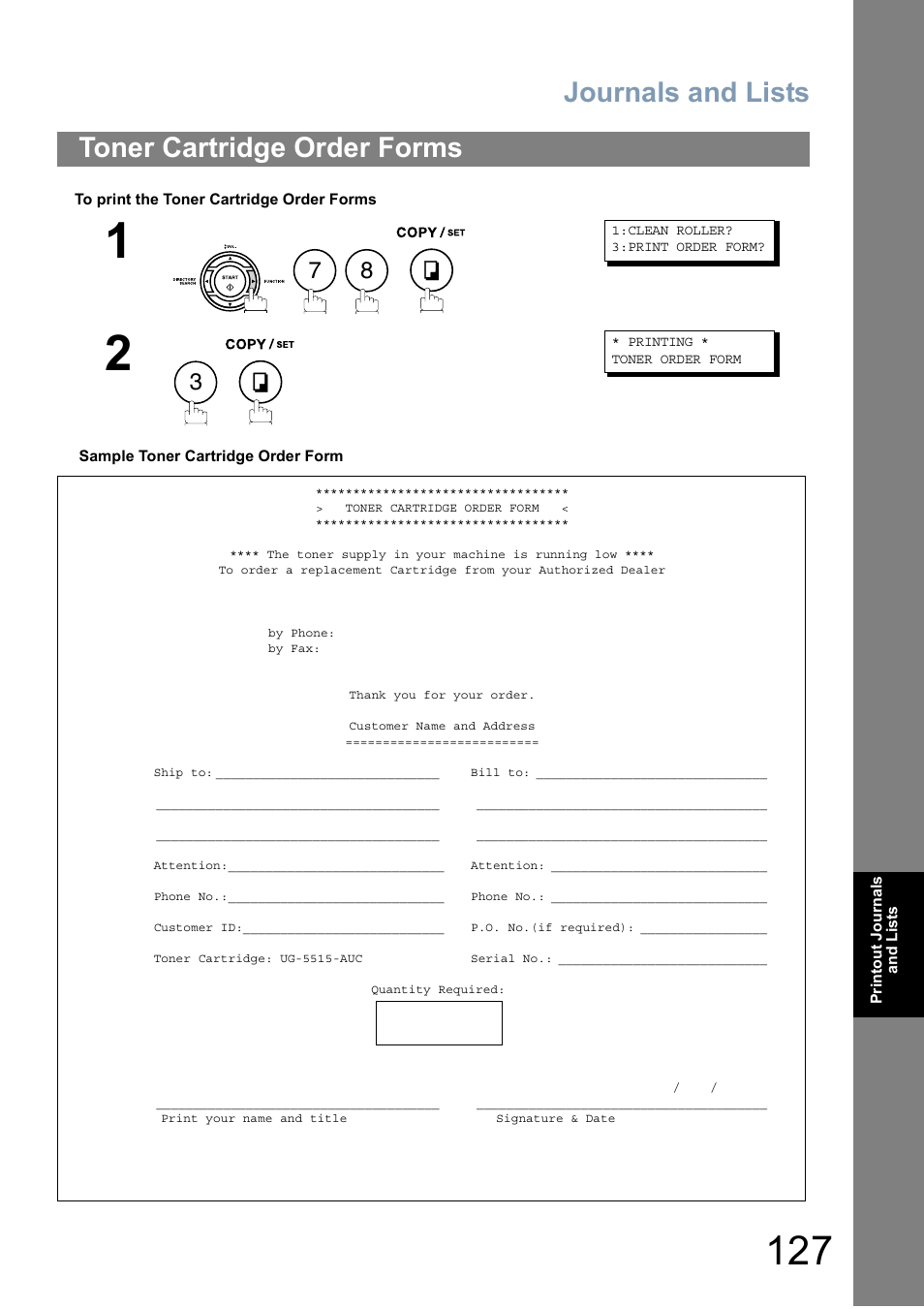 Toner cartridge order forms, Journals and lists | Panasonic Panafax UF-5950 User Manual | Page 127 / 158