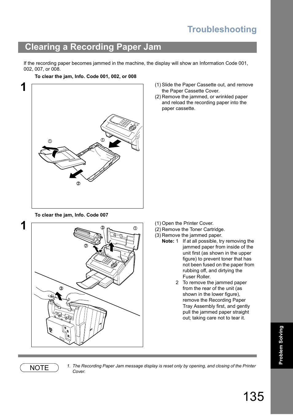 Clearing a recording paper jam, Troubleshooting | Panasonic Panafax UF-5950 User Manual | Page 135 / 158