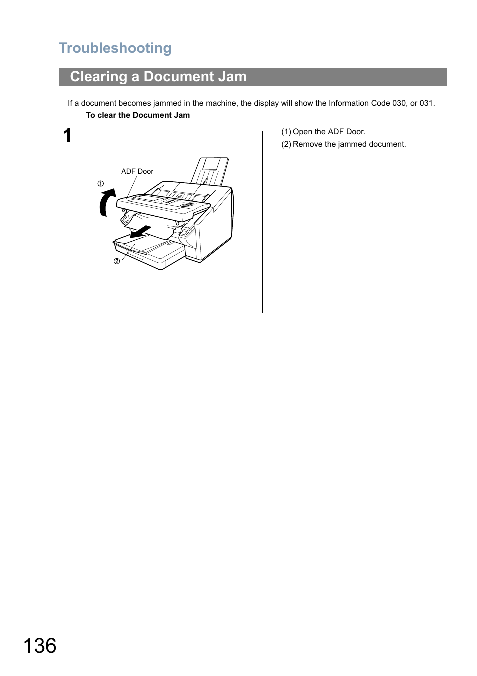 Clearing a document jam, Troubleshooting | Panasonic Panafax UF-5950 User Manual | Page 136 / 158