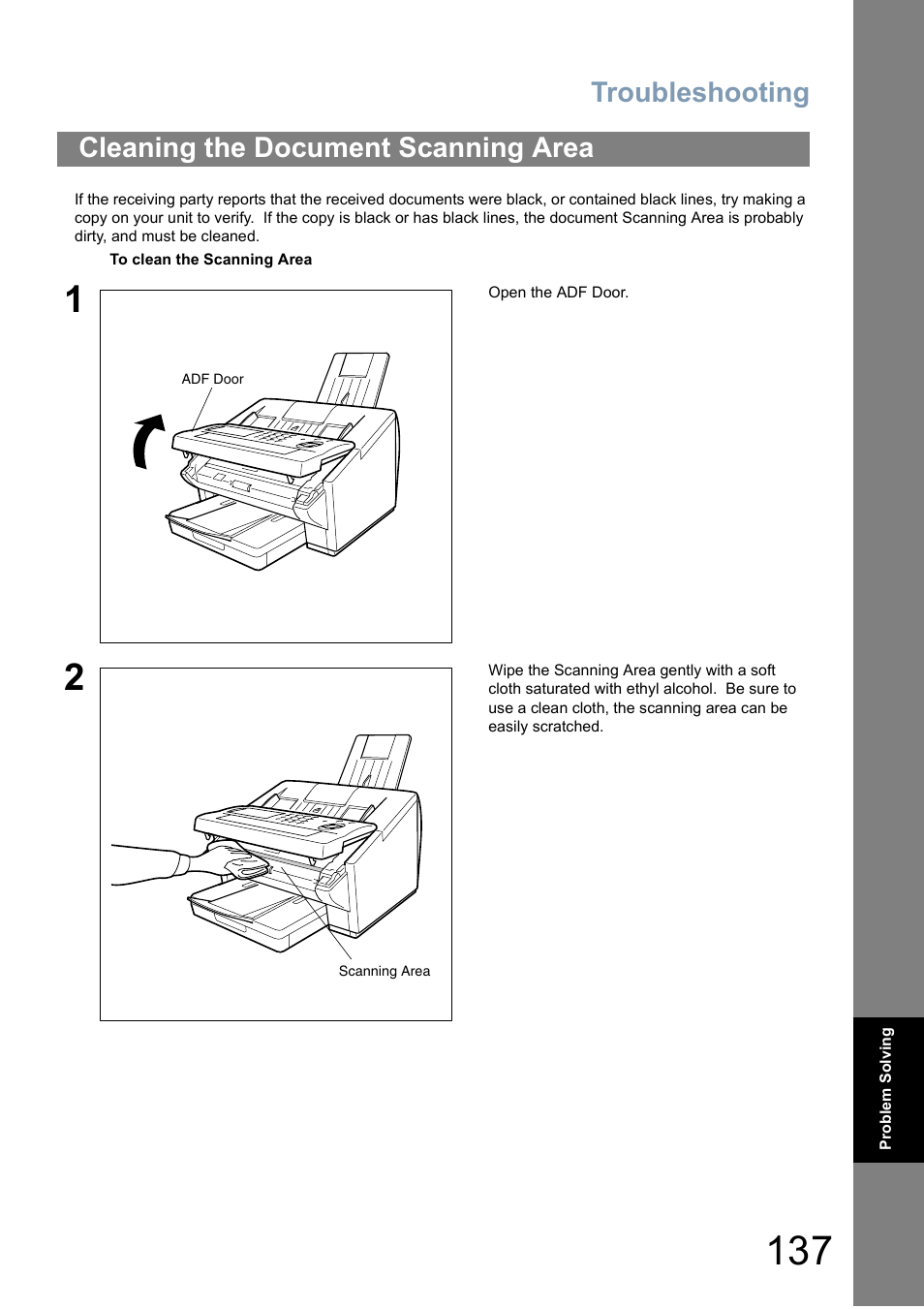 Cleaning the document scanning area, Troubleshooting | Panasonic Panafax UF-5950 User Manual | Page 137 / 158