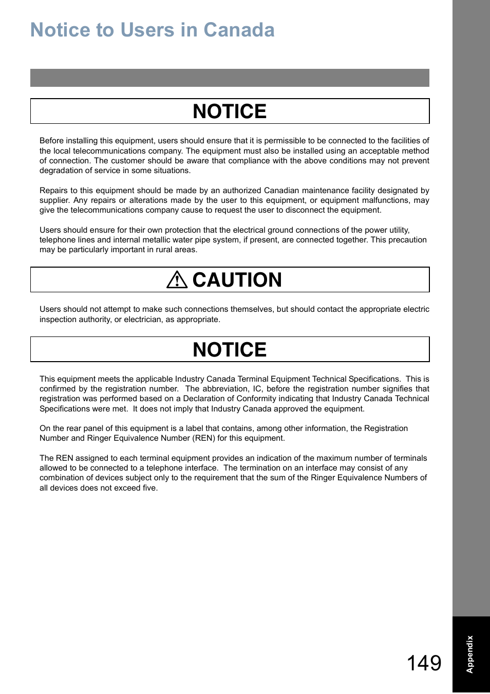 Notice to users in canada, Notice caution notice | Panasonic Panafax UF-5950 User Manual | Page 149 / 158