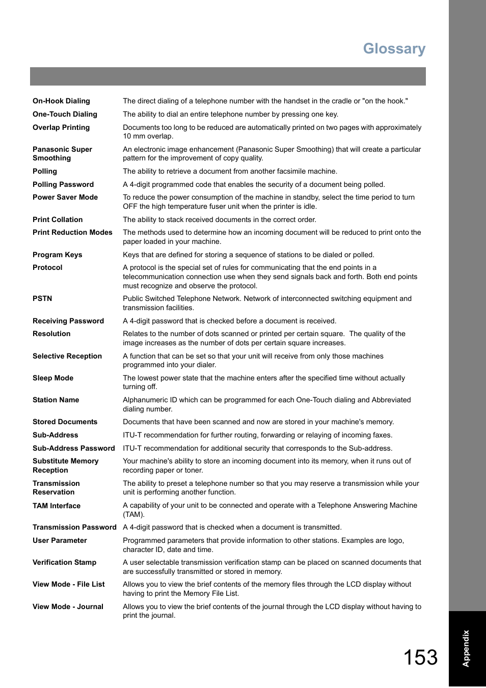 Glossary | Panasonic Panafax UF-5950 User Manual | Page 153 / 158