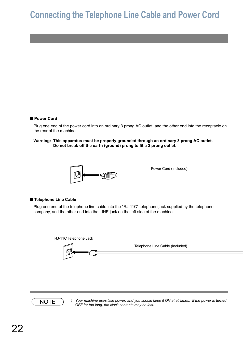 Connecting the telephone line cable and power cord | Panasonic Panafax UF-5950 User Manual | Page 22 / 158