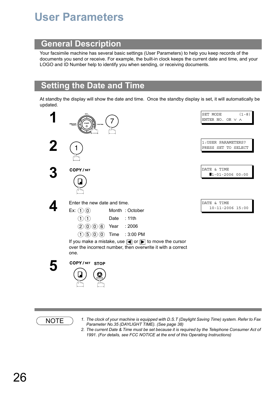 User parametersuser parameters, General description, Setting the date and time | User parameters, General description setting the date and time | Panasonic Panafax UF-5950 User Manual | Page 26 / 158