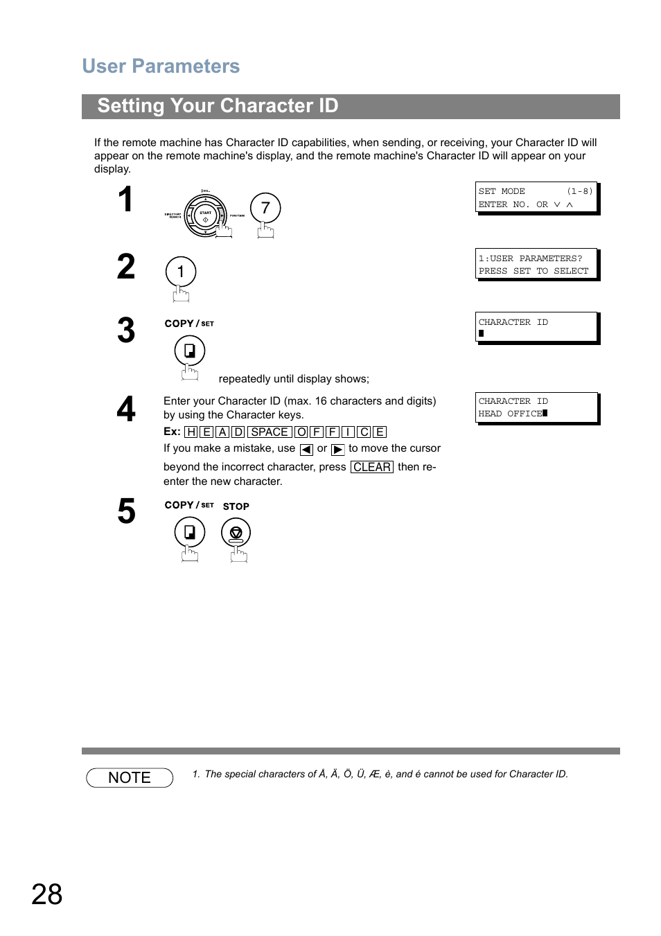 Setting your character id, User parameters | Panasonic Panafax UF-5950 User Manual | Page 28 / 158