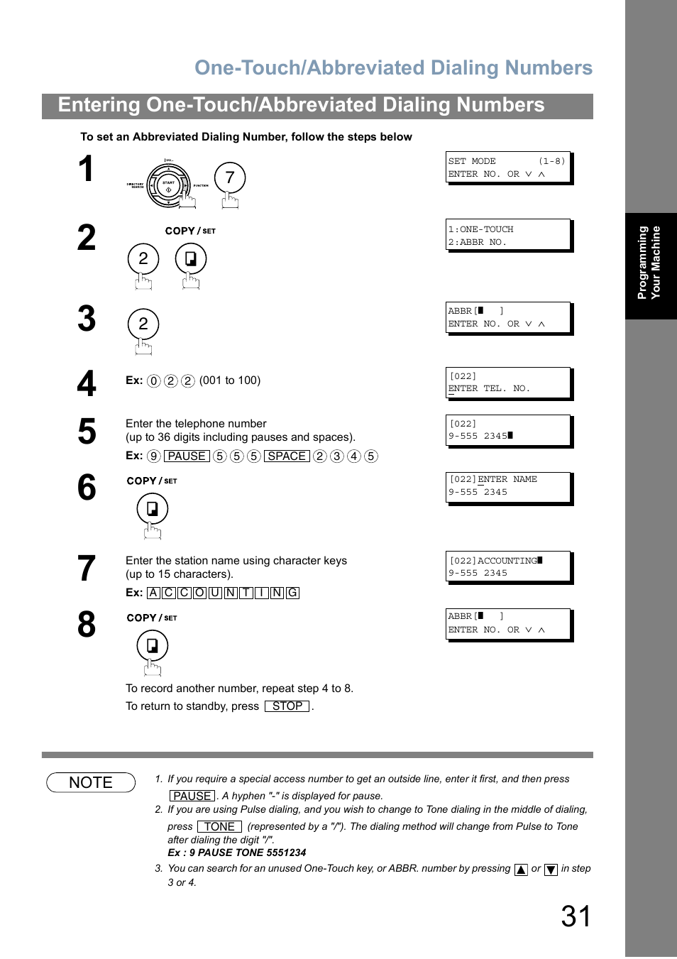One-touch/abbreviated dialing numbers, Entering one-touch/abbreviated dialing numbers | Panasonic Panafax UF-5950 User Manual | Page 31 / 158
