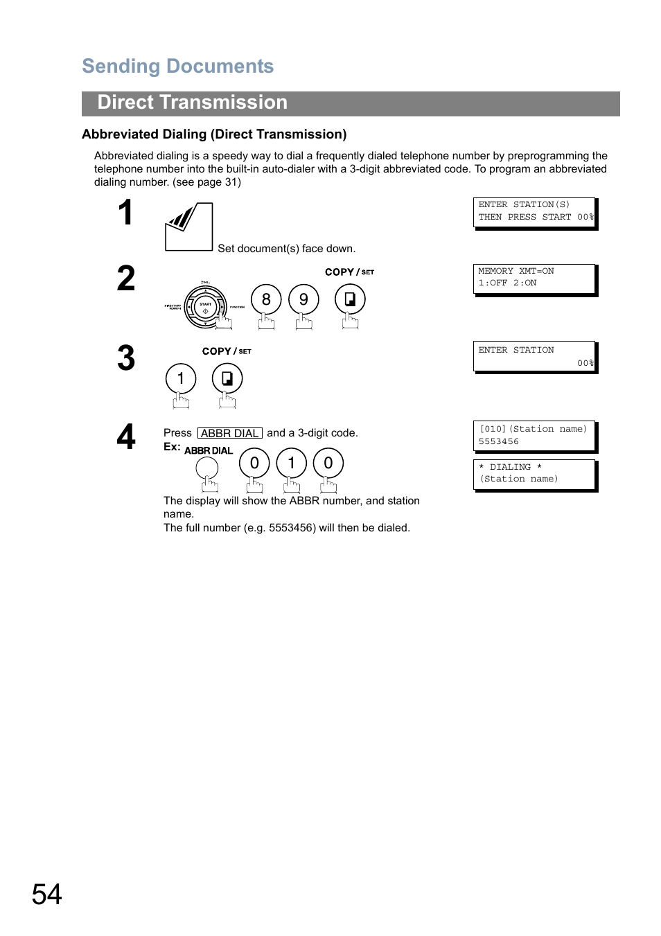 Sending documents, Direct transmission | Panasonic Panafax UF-5950 User Manual | Page 54 / 158