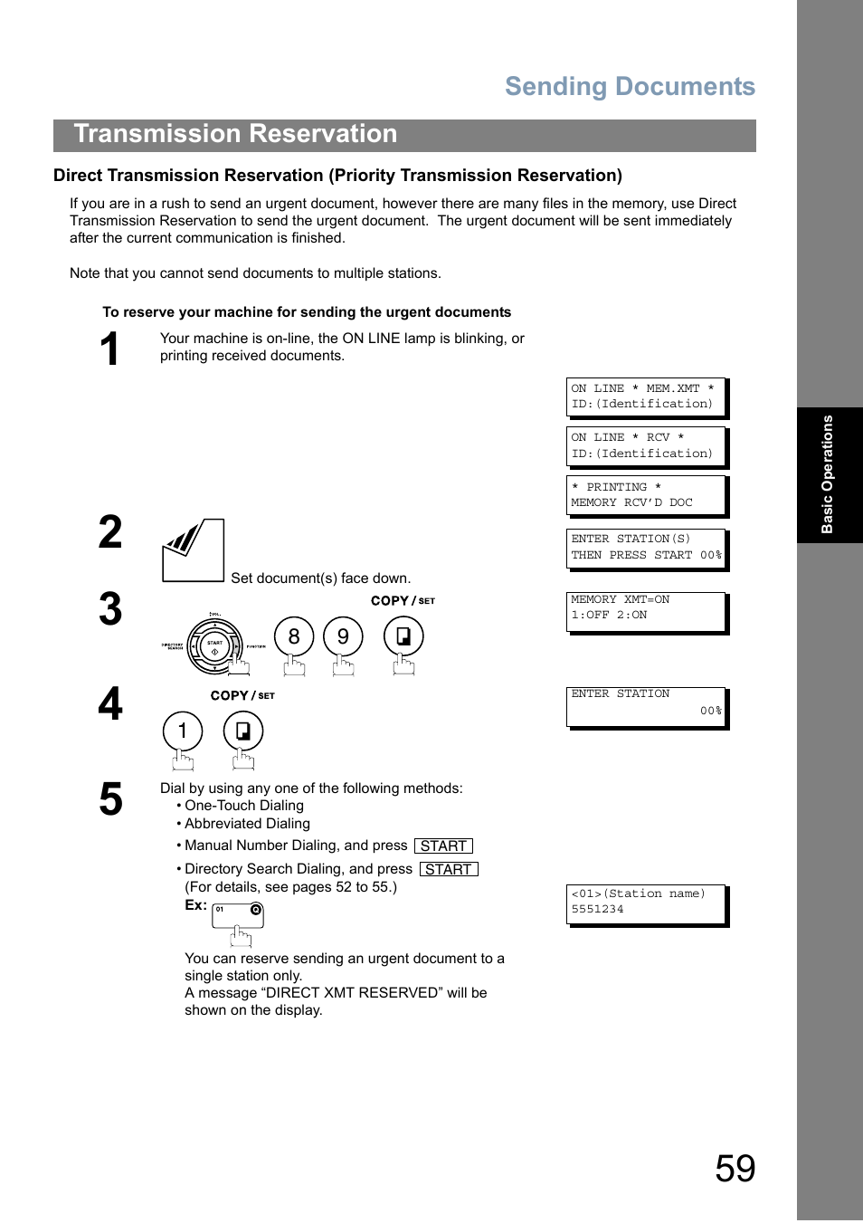 Sending documents, Transmission reservation | Panasonic Panafax UF-5950 User Manual | Page 59 / 158