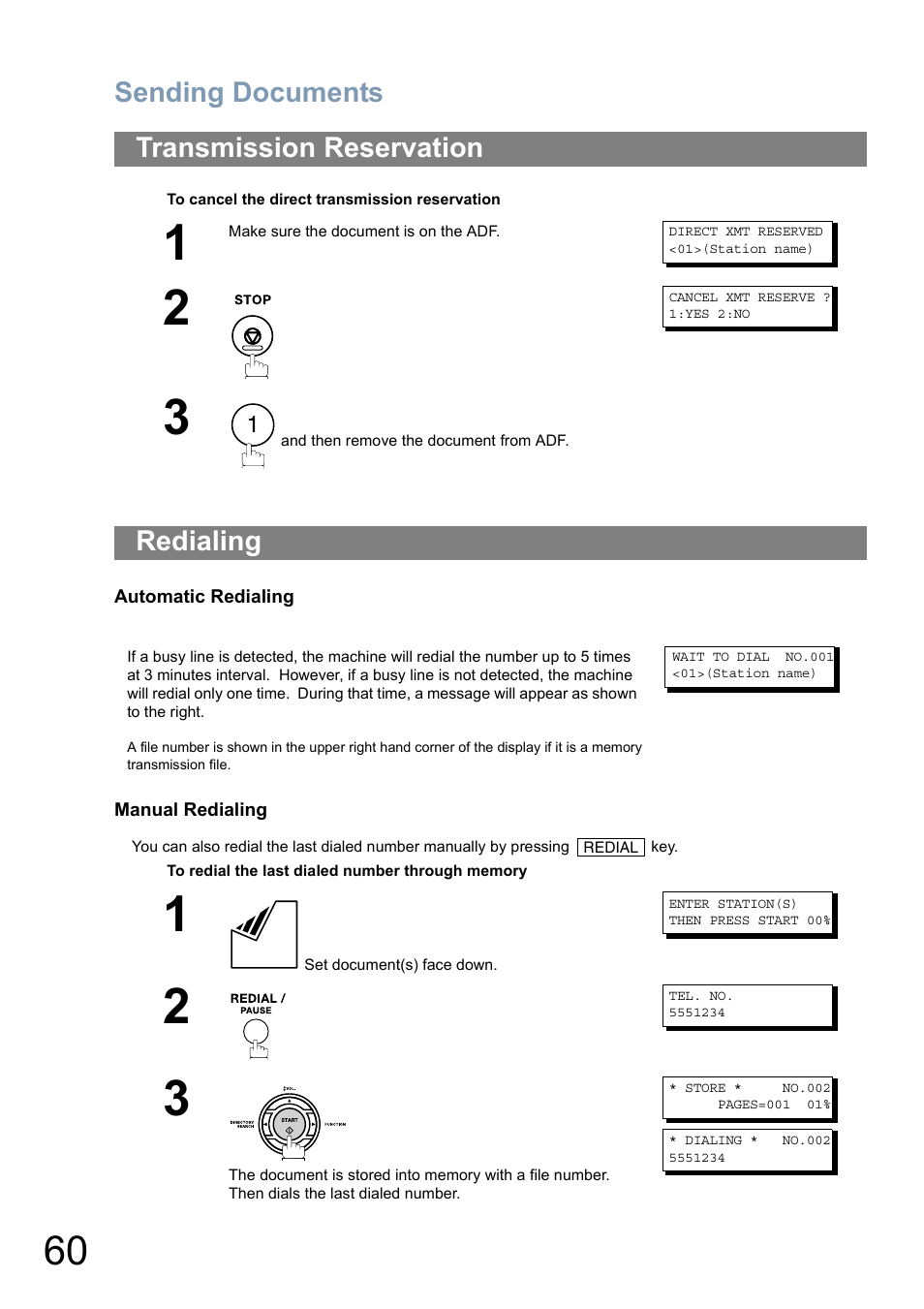 Transmission reservation, Redialing, Sending documents | Panasonic Panafax UF-5950 User Manual | Page 60 / 158