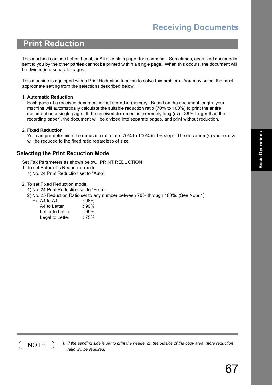 Print reduction, Receiving documents | Panasonic Panafax UF-5950 User Manual | Page 67 / 158