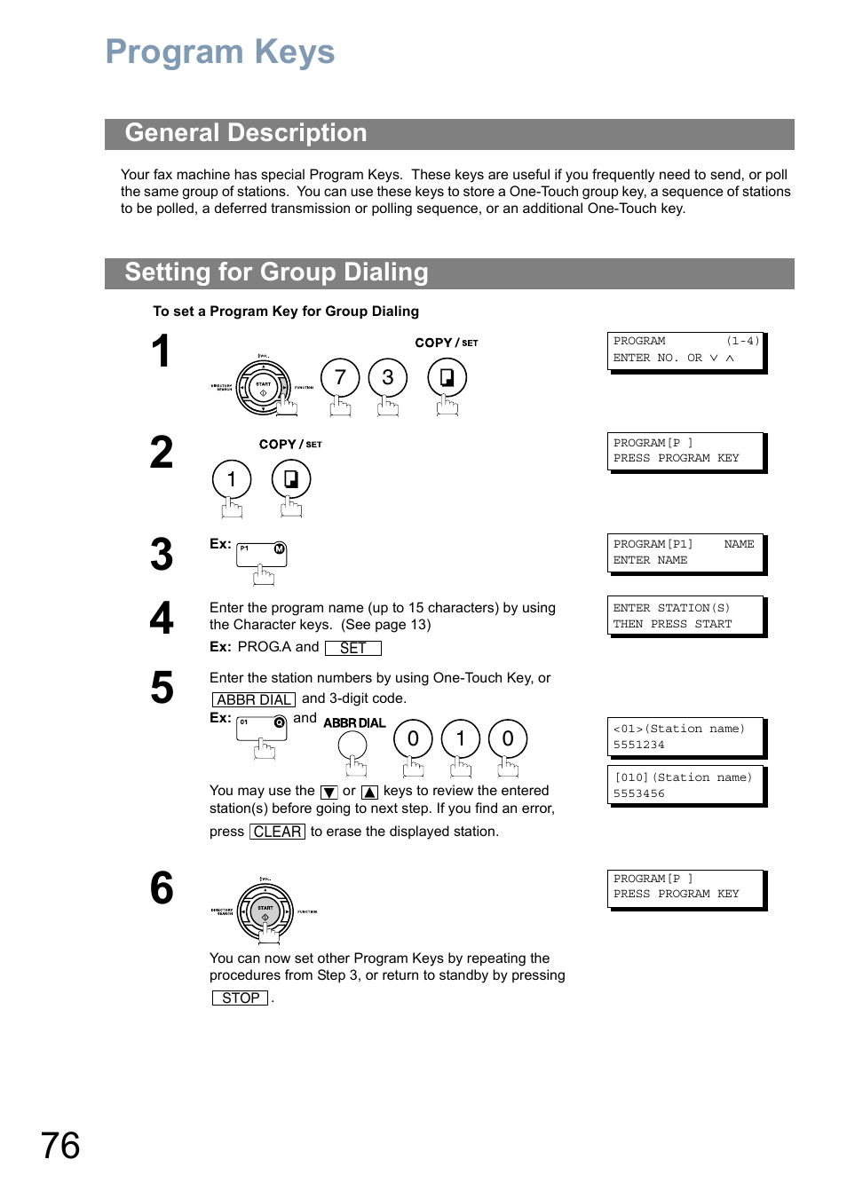 Program keysprogram keys, General description, Setting for group dialing | Program keys, General description setting for group dialing | Panasonic Panafax UF-5950 User Manual | Page 76 / 158