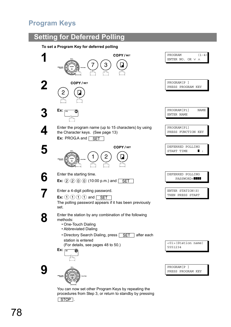 Setting for deferred polling, Program keys | Panasonic Panafax UF-5950 User Manual | Page 78 / 158