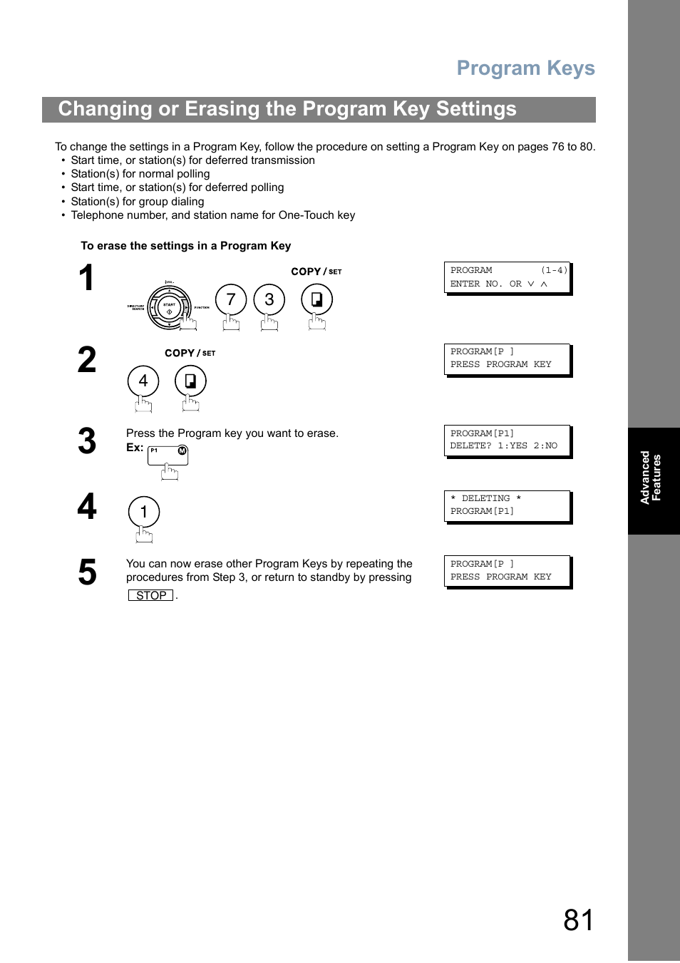 Changing or erasing the program key settings, Program keys | Panasonic Panafax UF-5950 User Manual | Page 81 / 158