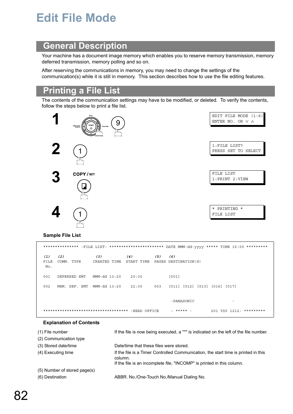 Edit file modeedit file mode, General description, Printing a file list | Edit file mode, General description printing a file list | Panasonic Panafax UF-5950 User Manual | Page 82 / 158