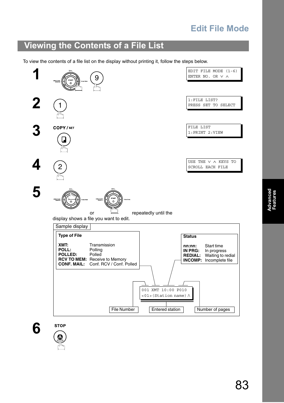 Viewing the contents of a file list, Edit file mode | Panasonic Panafax UF-5950 User Manual | Page 83 / 158