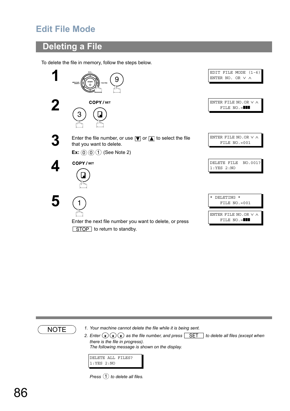 Deleting a file, Edit file mode | Panasonic Panafax UF-5950 User Manual | Page 86 / 158