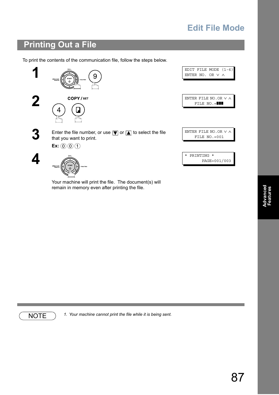 Printing out a file, Edit file mode | Panasonic Panafax UF-5950 User Manual | Page 87 / 158