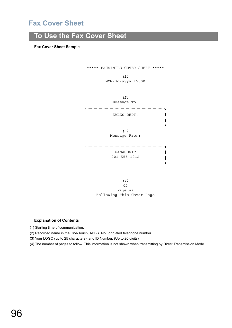 Fax cover sheet | Panasonic Panafax UF-5950 User Manual | Page 96 / 158