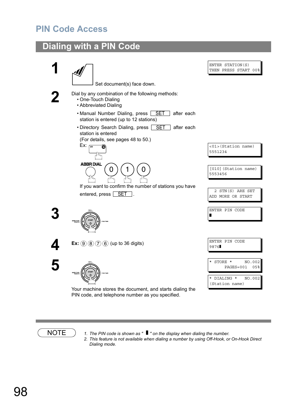 Dialing with a pin code, Pin code access | Panasonic Panafax UF-5950 User Manual | Page 98 / 158