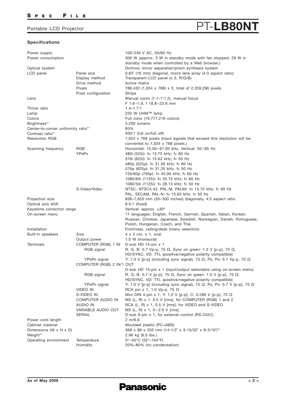Specifications, Pt- lb80nt, Portable lcd projector | Panasonic PT-LB80NTEA User Manual | Page 2 / 10