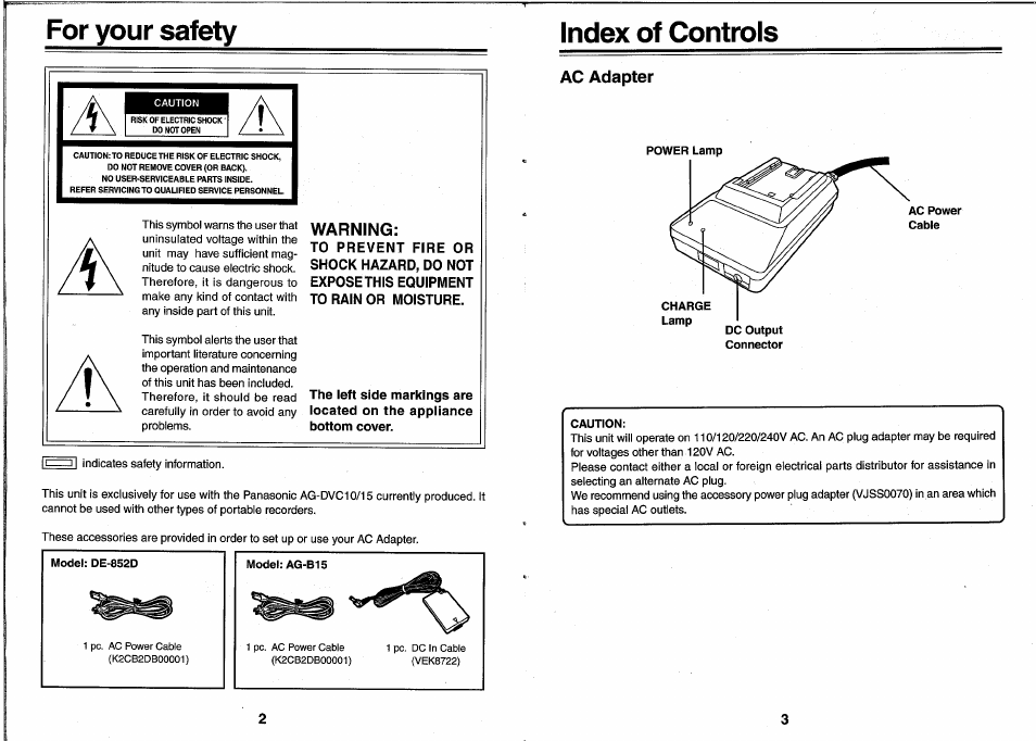 Index of controls, Ac adapter | Panasonic AC Adaptor DE-852D User Manual | Page 3 / 8