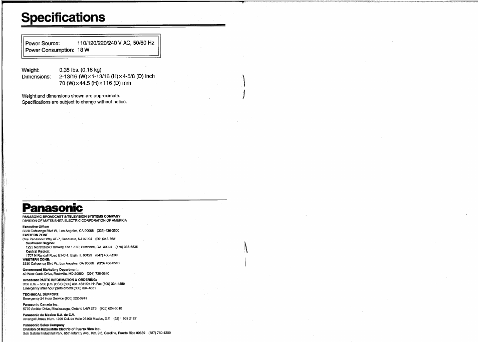 Specifications, Panasonic | Panasonic AC Adaptor DE-852D User Manual | Page 8 / 8