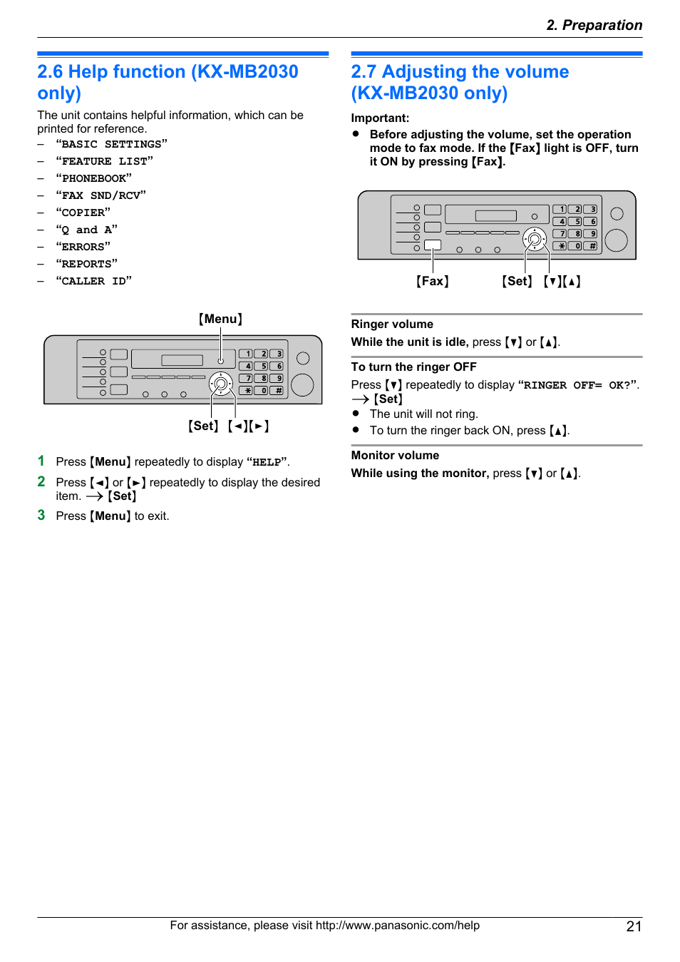 Help, 6 help function (kx-mb2030 only), Volume | 7 adjusting the volume (kx-mb2030 only), Help function (kx-mb2030 only), Adjusting the volume (kx-mb2030 only) | Panasonic CM0310DY0-CD User Manual | Page 21 / 116