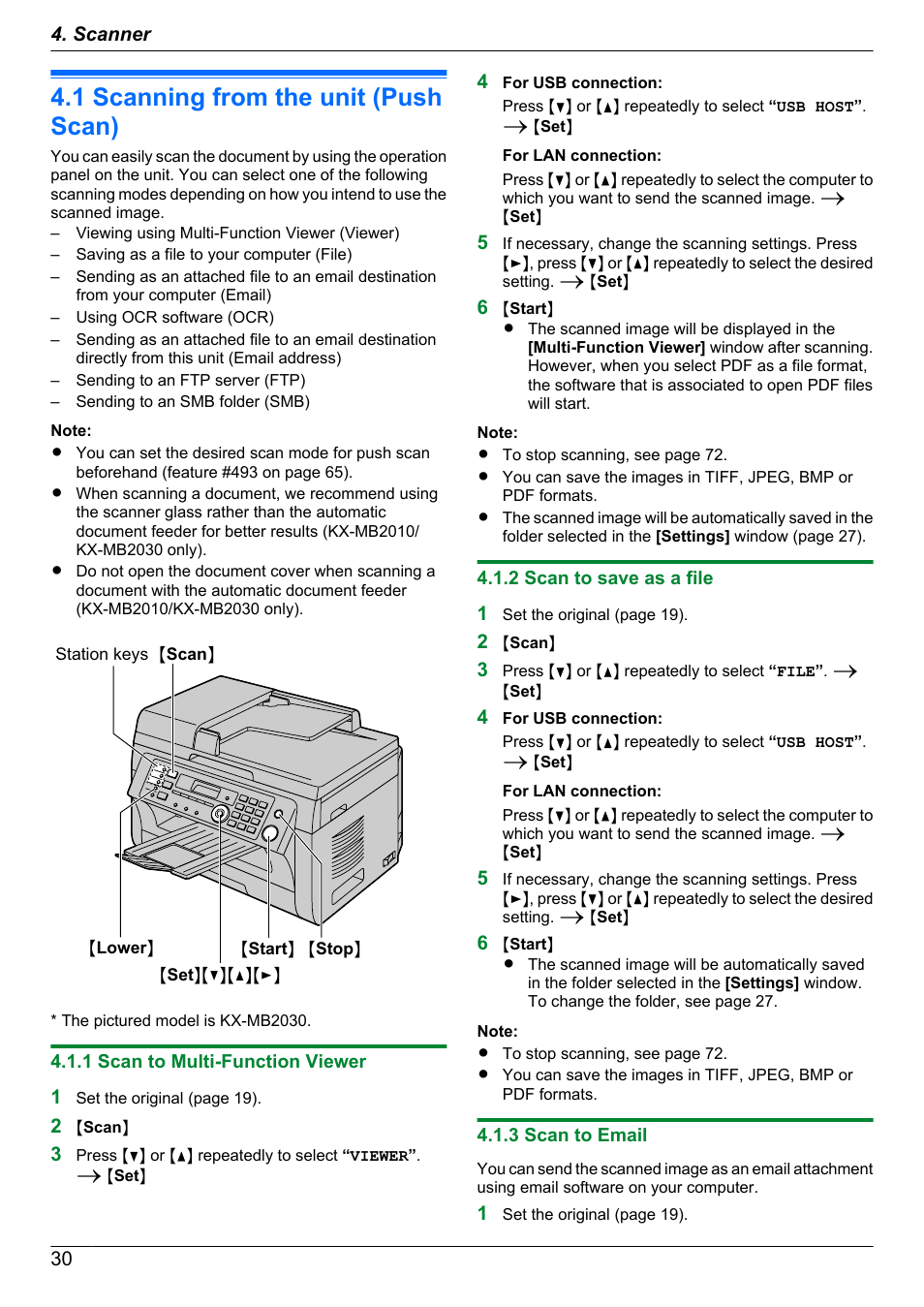 Scanner, 1 scanning from the unit (push scan), 1 scan to multi-function viewer | 2 scan to save as a file, 3 scan to email, Scanning from the unit (push scan) | Panasonic CM0310DY0-CD User Manual | Page 30 / 116