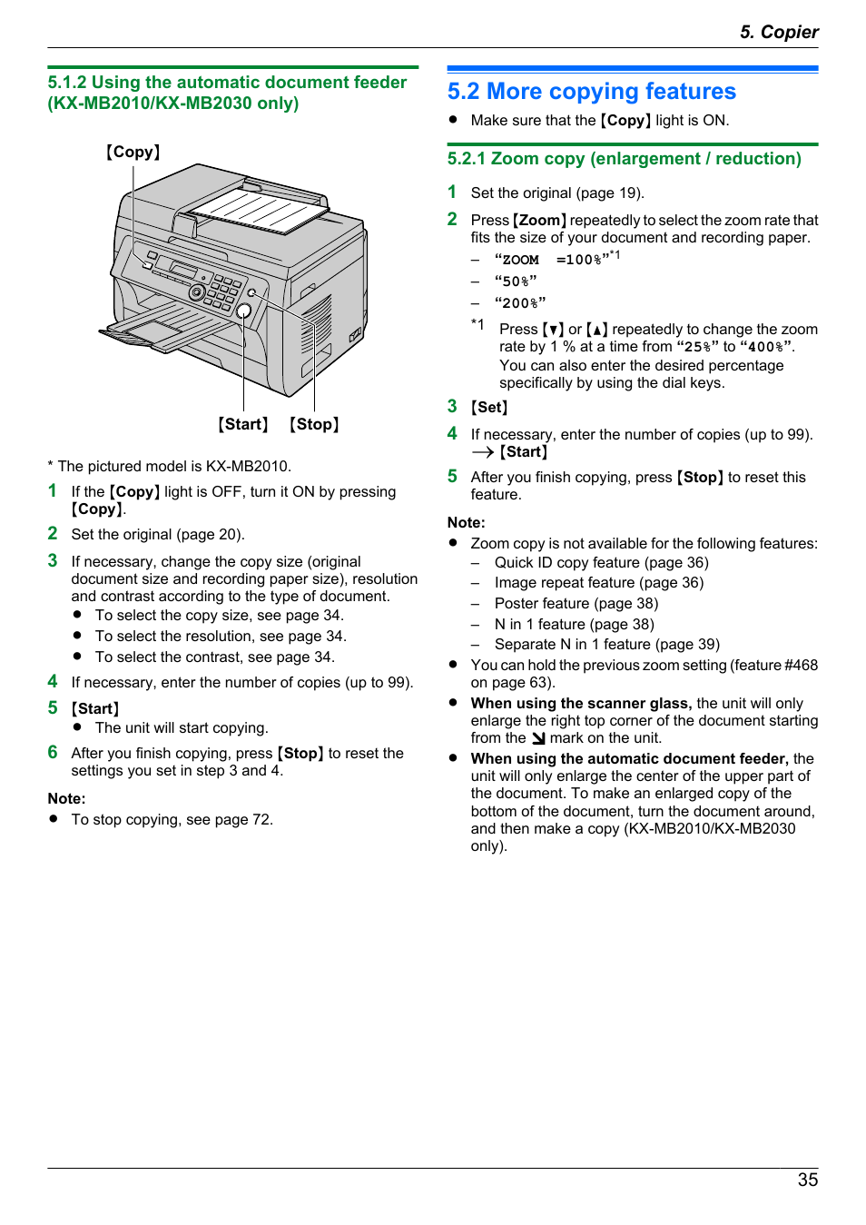 2 more copying features, 1 zoom copy (enlargement / reduction), More copying features | Panasonic CM0310DY0-CD User Manual | Page 35 / 116