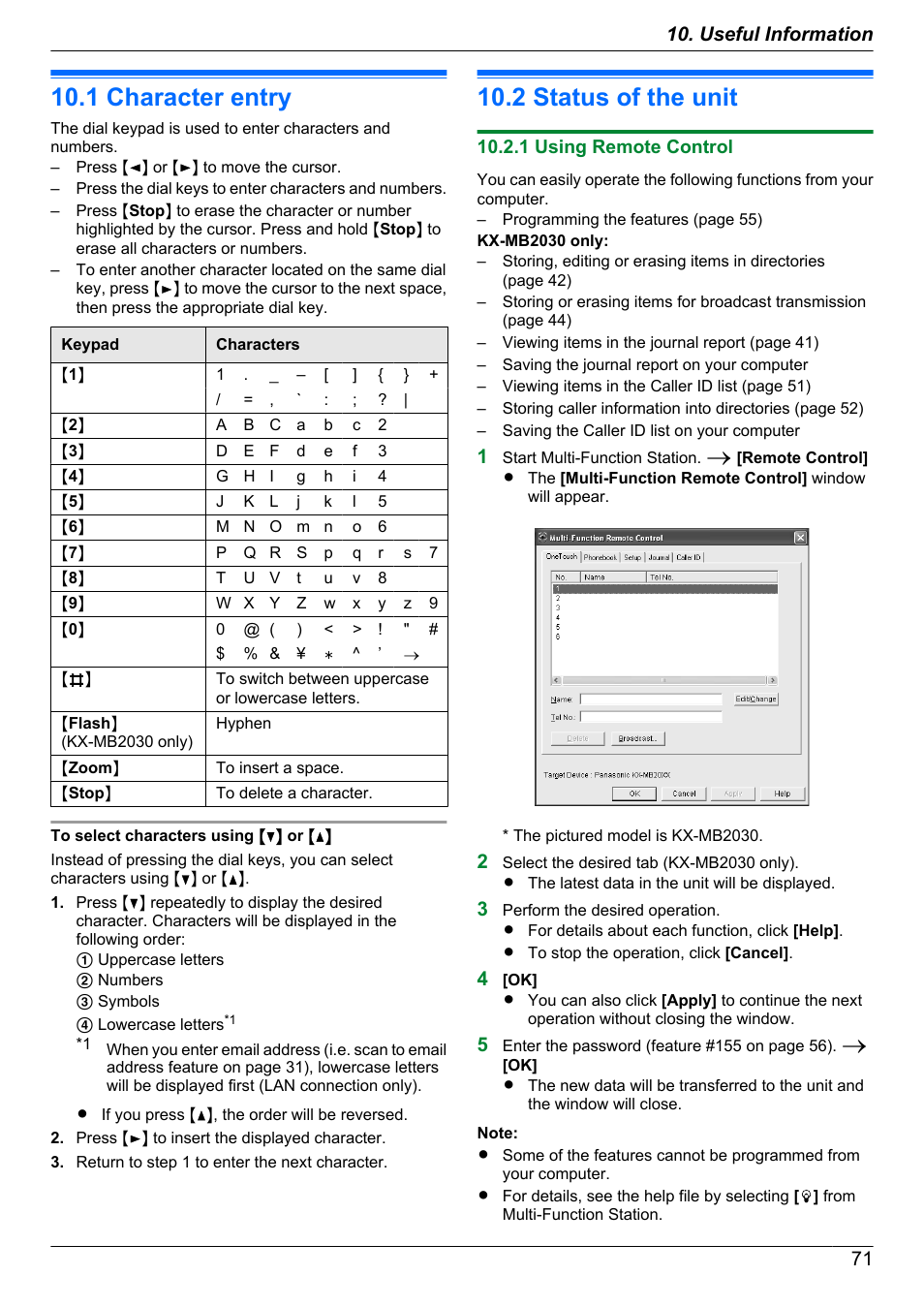 Useful information, 1 character entry, 2 status of the unit | 1 using remote control, Character entry, Status of the unit | Panasonic CM0310DY0-CD User Manual | Page 71 / 116