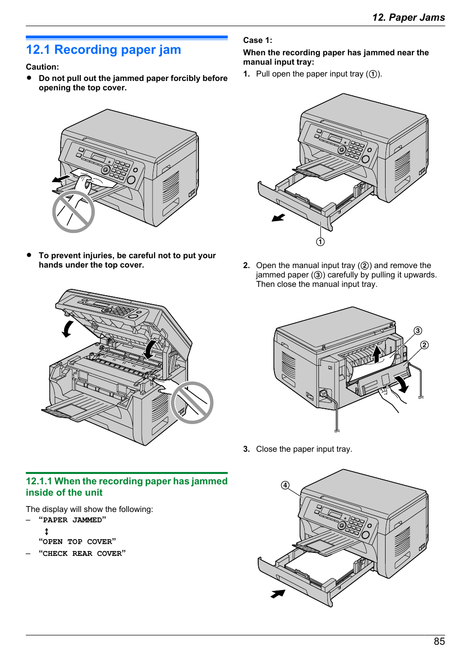 Paper jams, Jams, 1 recording paper jam | Recording paper jam | Panasonic CM0310DY0-CD User Manual | Page 85 / 116