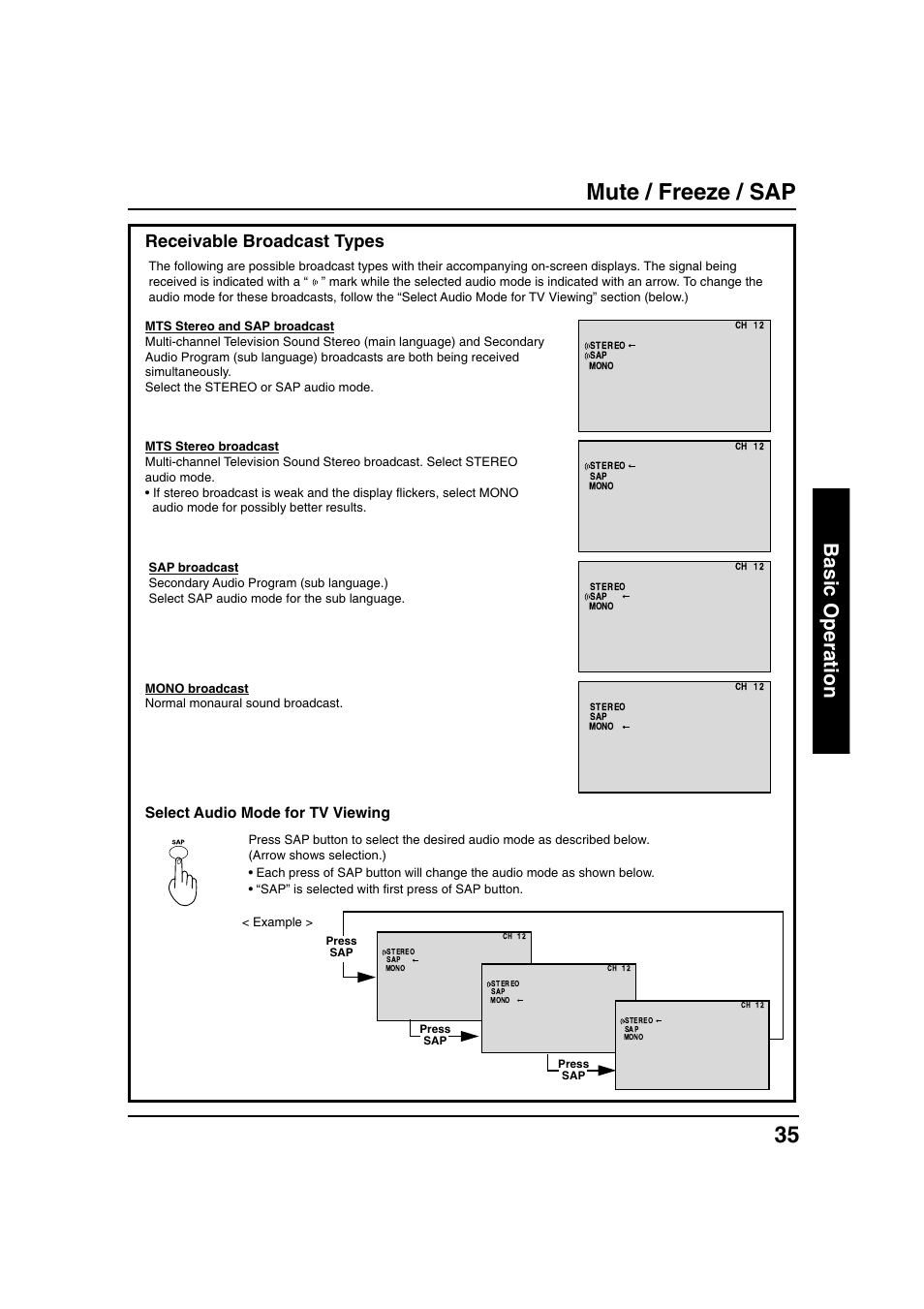 Mute / freeze / sap, Basic operation, Receivable broadcast types | Select audio mode for tv viewing | Panasonic PT 40LC12 User Manual | Page 35 / 72