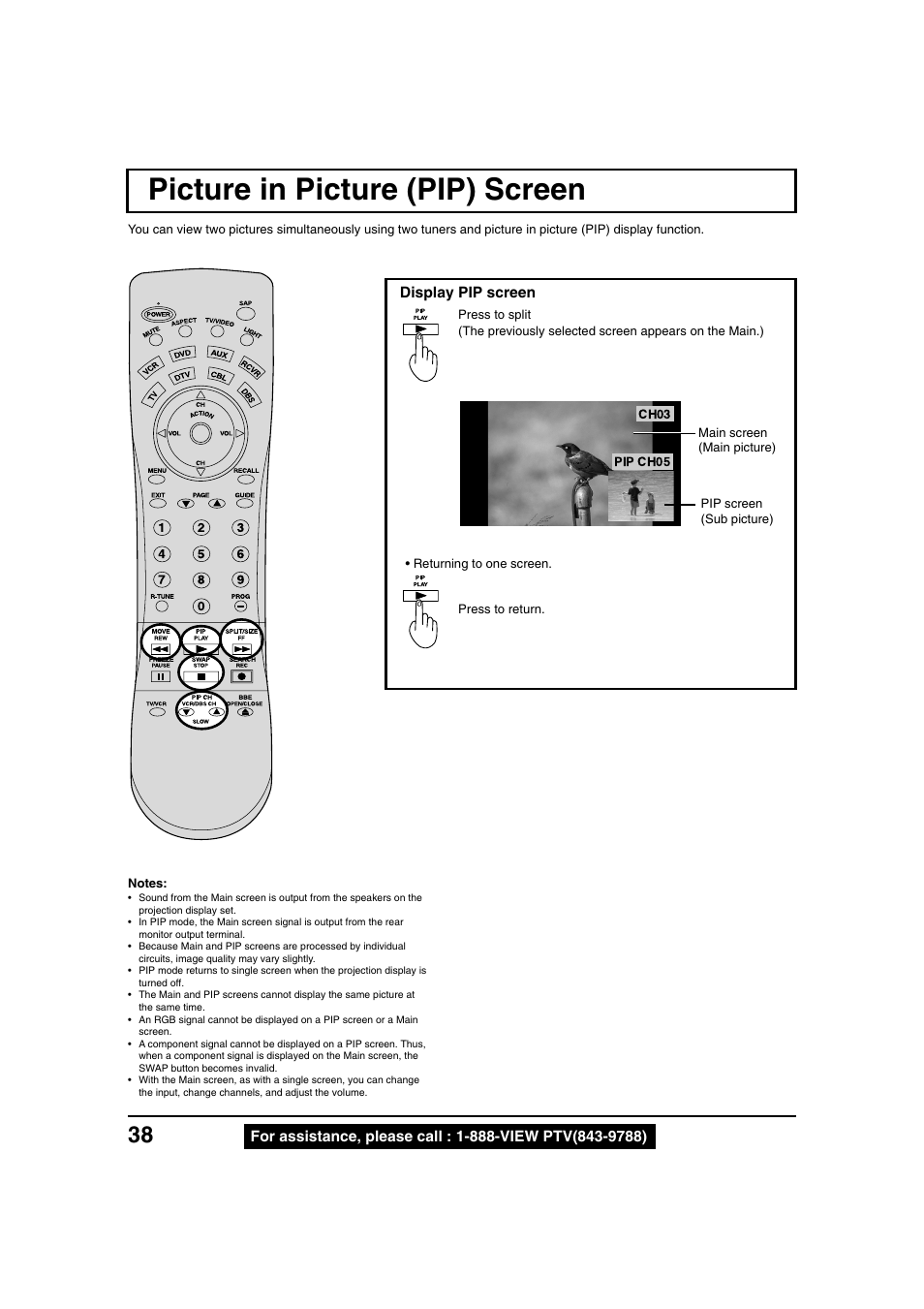 Picture in picture (pip) screen | Panasonic PT 40LC12 User Manual | Page 38 / 72