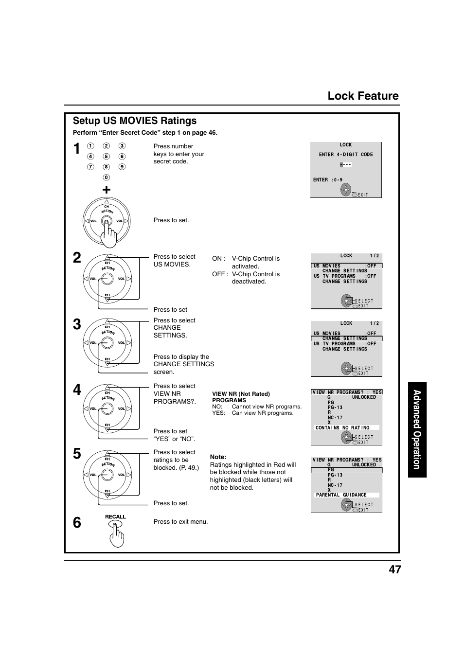 Lock feature, Advanced operation, Setup us movies ratings | Panasonic PT 40LC12 User Manual | Page 47 / 72