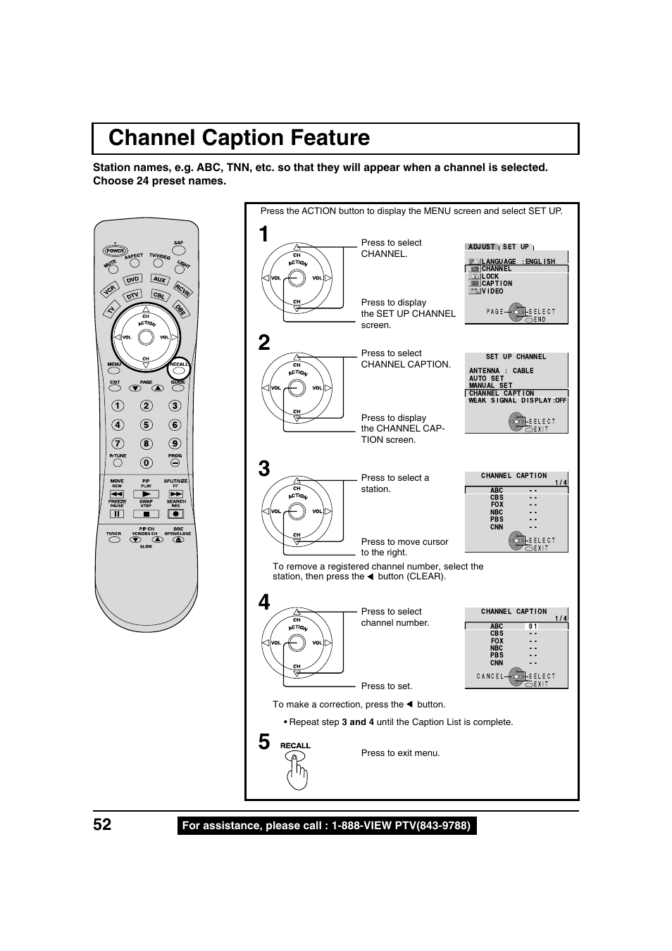 Channel caption feature, Channel caption feature 1 2 | Panasonic PT 40LC12 User Manual | Page 52 / 72