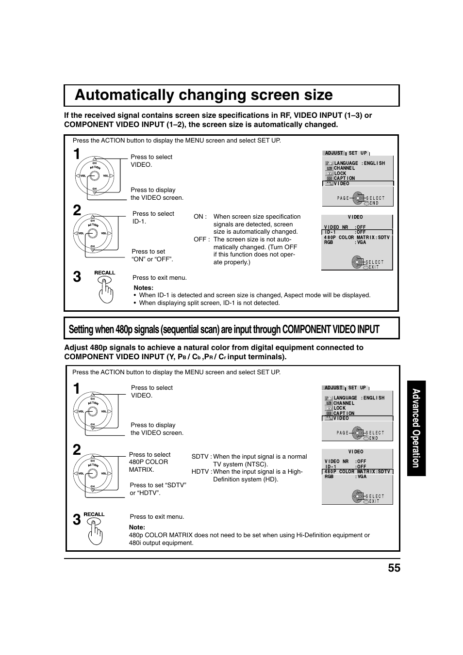Automatically changing screen size, Automatically changing screen size 1 2, Advanced operation | Input terminals) | Panasonic PT 40LC12 User Manual | Page 55 / 72