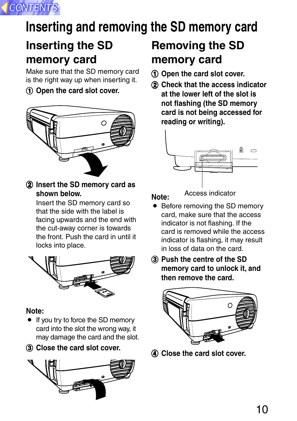 Inserting and removing the sd memory card, Inserting the sd memory card, Removing the sd memory card | Panasonic PT-L702SDE User Manual | Page 10 / 34