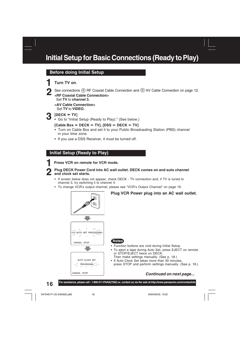 Initial setup for basic connections (ready to play | Panasonic PV-D4754S User Manual | Page 16 / 72