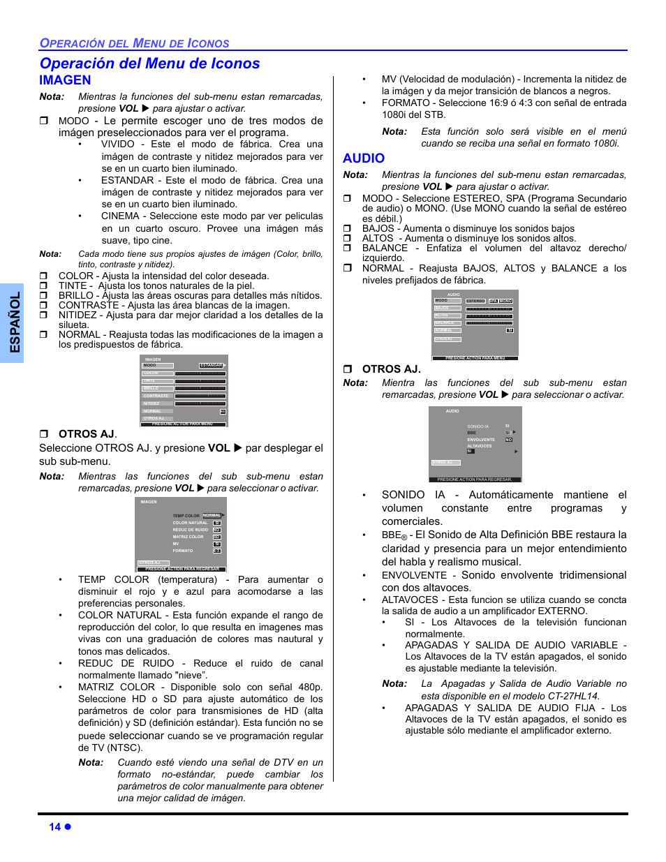 Operacion del menu de iconos, Imagen, Audio | Operación del menu de iconos, Es p añol, 14 z, Seleccionar, Otros aj, Sonido envolvente tridimensional con dos altavoces | Panasonic CT 27HL14 User Manual | Page 40 / 80