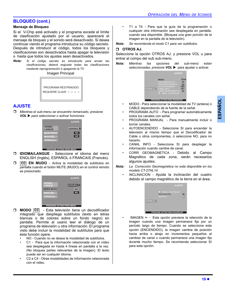 Ajuste, Es p añol bloqueo (cont.) | Panasonic CT 27HL14 User Manual | Page 45 / 80